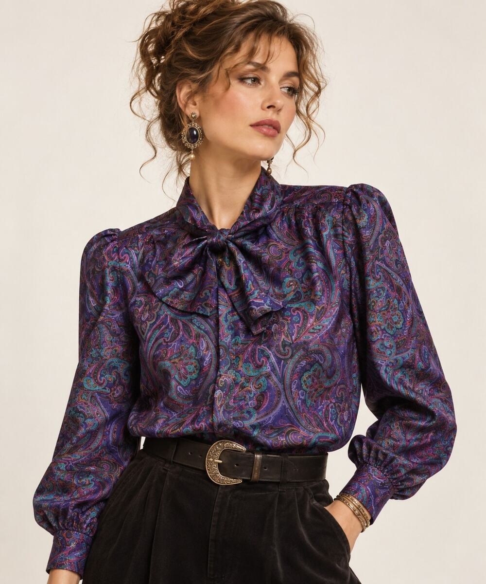 Vintage 90s Koret Paisley Blouse Size 14 Purple Teal Bow Secretary Top
